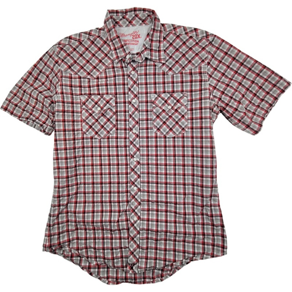 Wrangler 20X Competition Mens Shirt Red Black White Plaid Large Pearl Snaps
